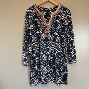 Soft Surroundings Large Akira Beaded Sequin Tunic Blue White Ikat Batik Pattern